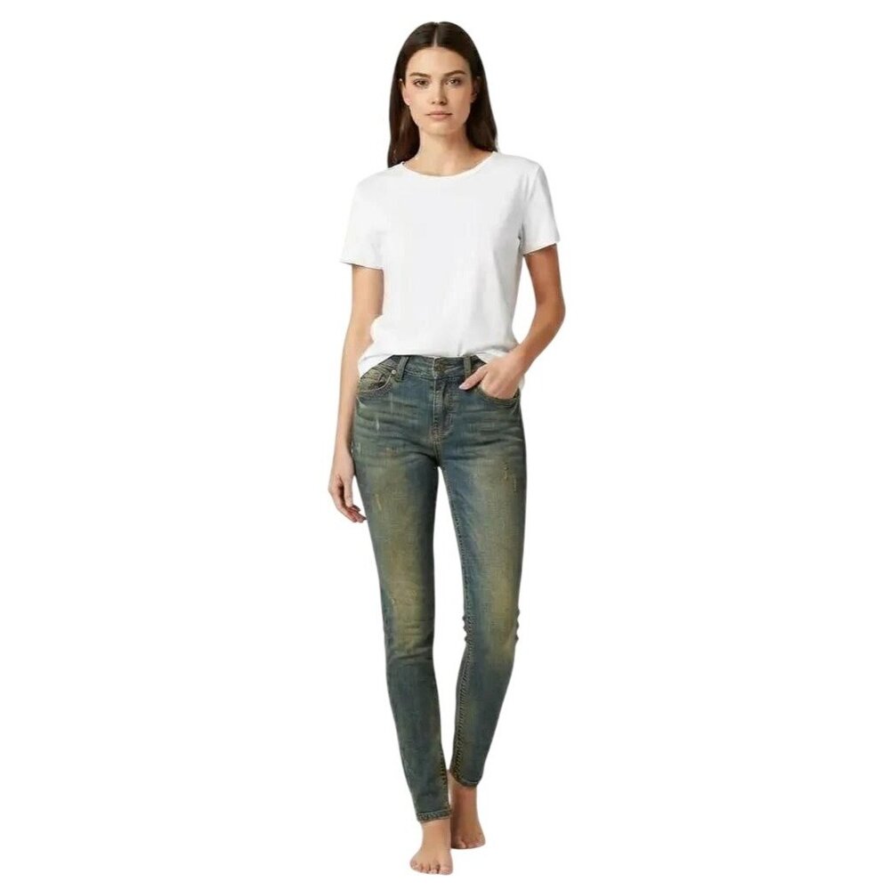 Maduzi Women's Dark Wash Semi-Faded Distressed Skinny Leg Jeans Size 8